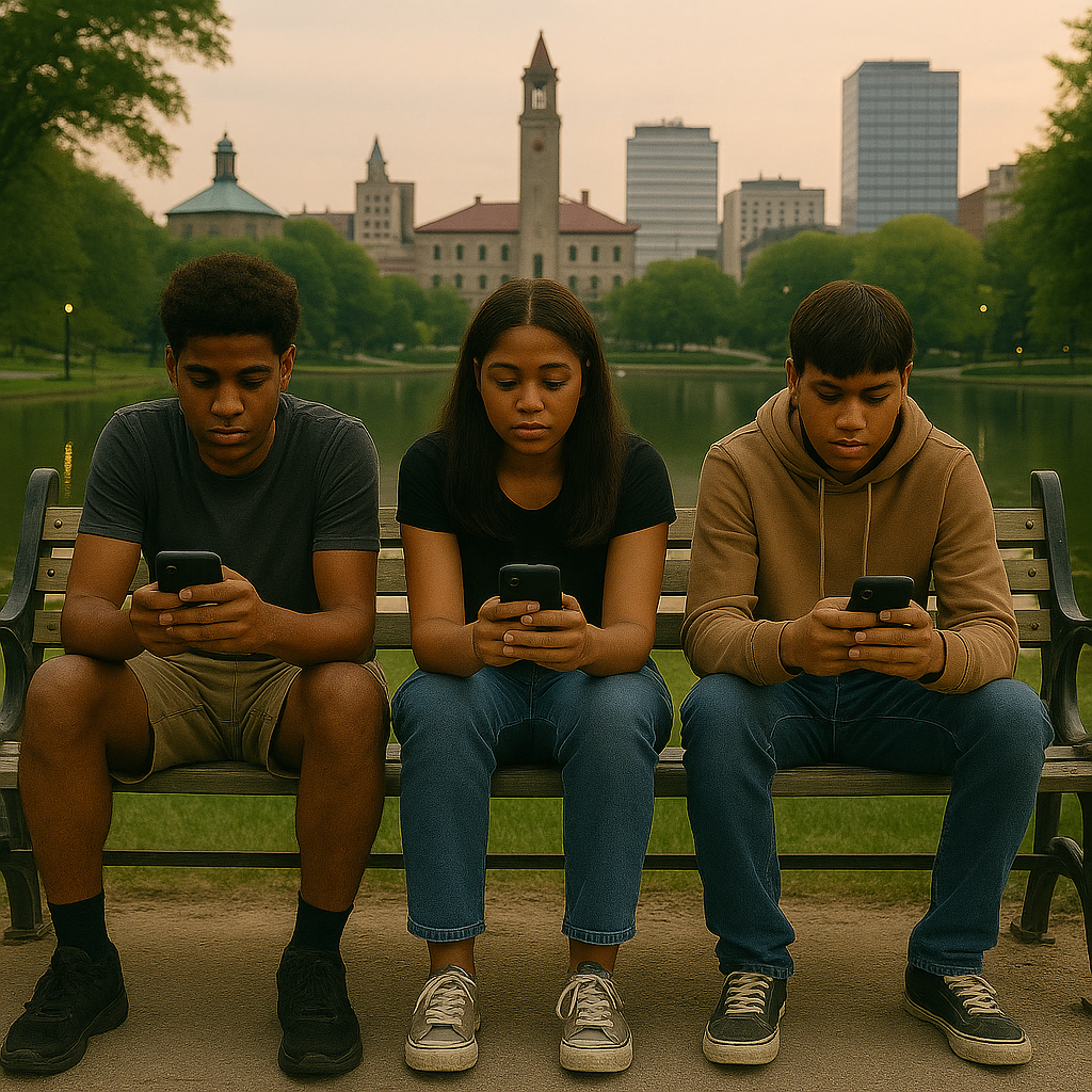 Three BIPOC teens sitting on a bench at Worcester’s City Hall, looking down at their phones with the city skyline in the background.