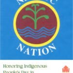Nipmuc Nation tribal seal featuring a green tree above blue waves on a red and yellow circular emblem, symbolizing the Nipmuc people of Central Massachusetts.