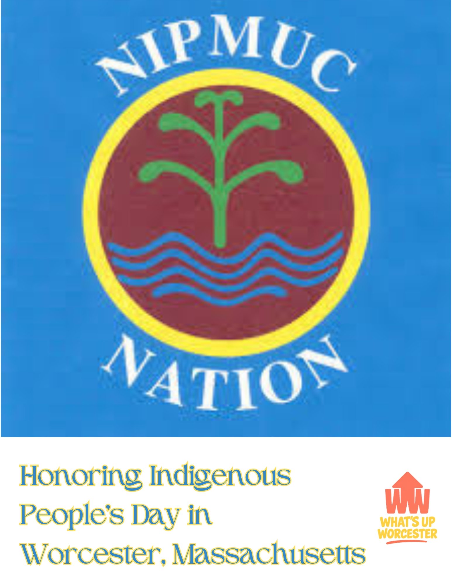 Nipmuc Nation tribal seal featuring a green tree above blue waves on a red and yellow circular emblem, symbolizing the Nipmuc people of Central Massachusetts.