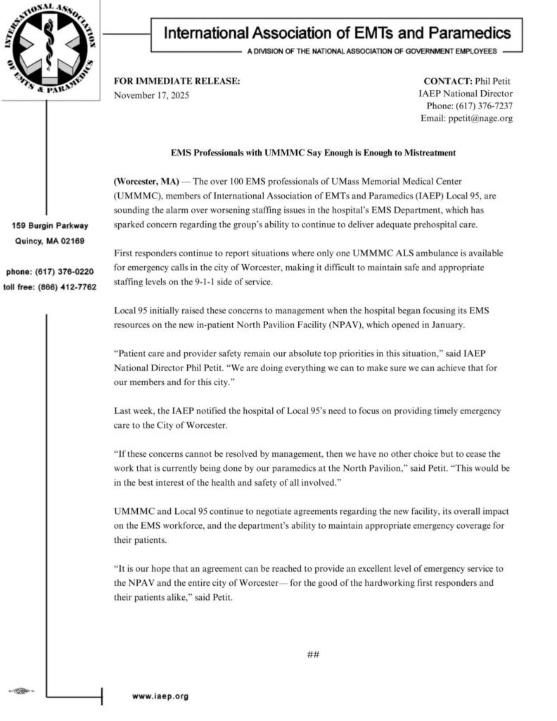 Unsafe 911 Situation for Worcester due to UMASS Staffing Demands